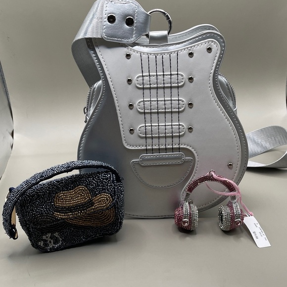 Rachel Zoe Handbags - Rachel Zoe Beaded Bag Silver Guitar-Shaped Bag Decorative Crystal Headphones